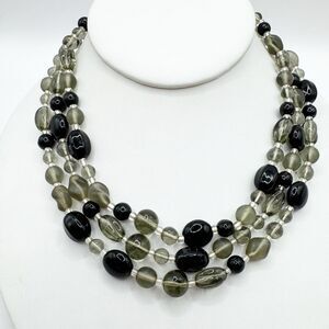 Vintage Germany Black Gray Glass Bead Collar Necklace 3 Strand Satin Glass 17”